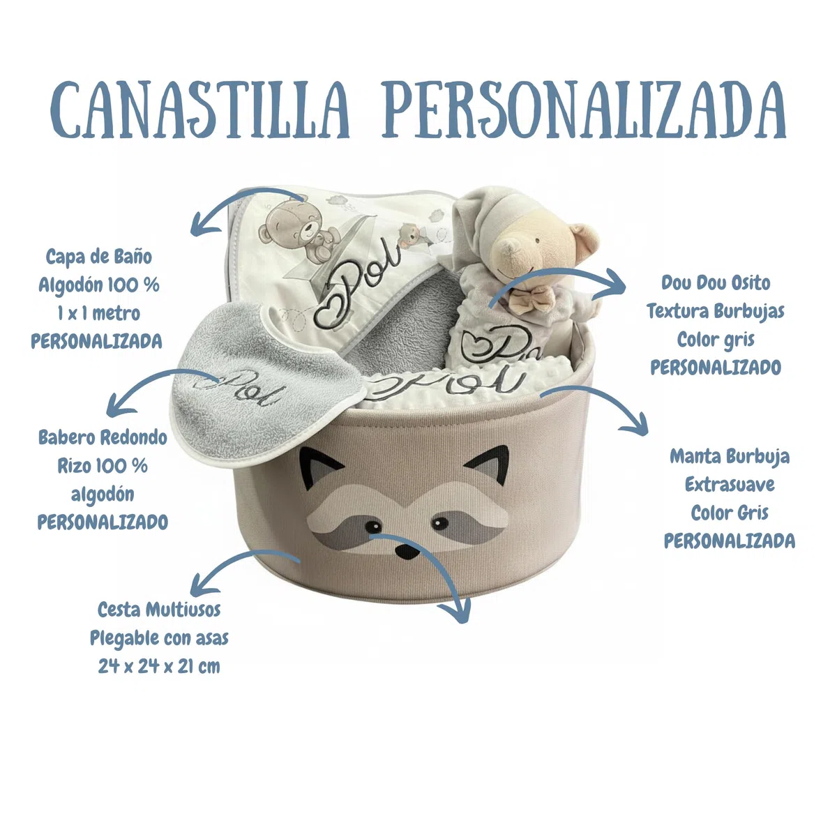 Danielstore Canastilla Bebé Personalizada | Set Regalo para Recién Nacido, 50% algodón 50% poliéster | Incluye manta, dou dou, toalla baño, babero Gris