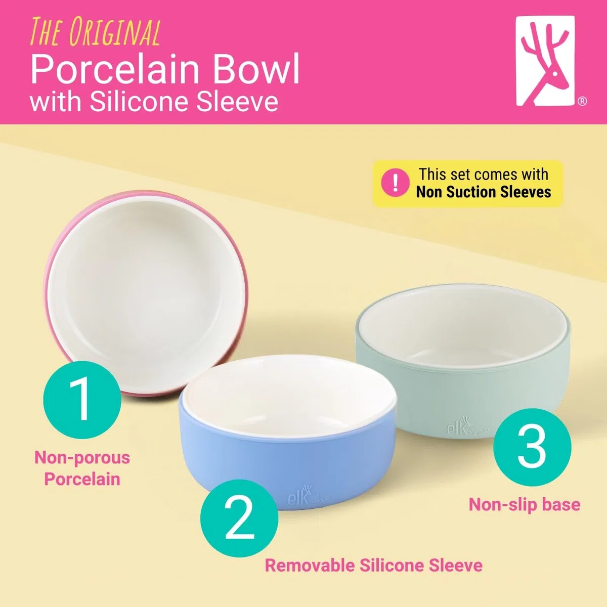 Elk and Friends Cuencos De Porcelana Para Niños Con Funda De Silicona Para Bebés Y Niños Pequeños. Apto Para Microondas Y Lavavajillas. Platos Y Vajilla Para Cereales, Sopas Y Aperitivos.