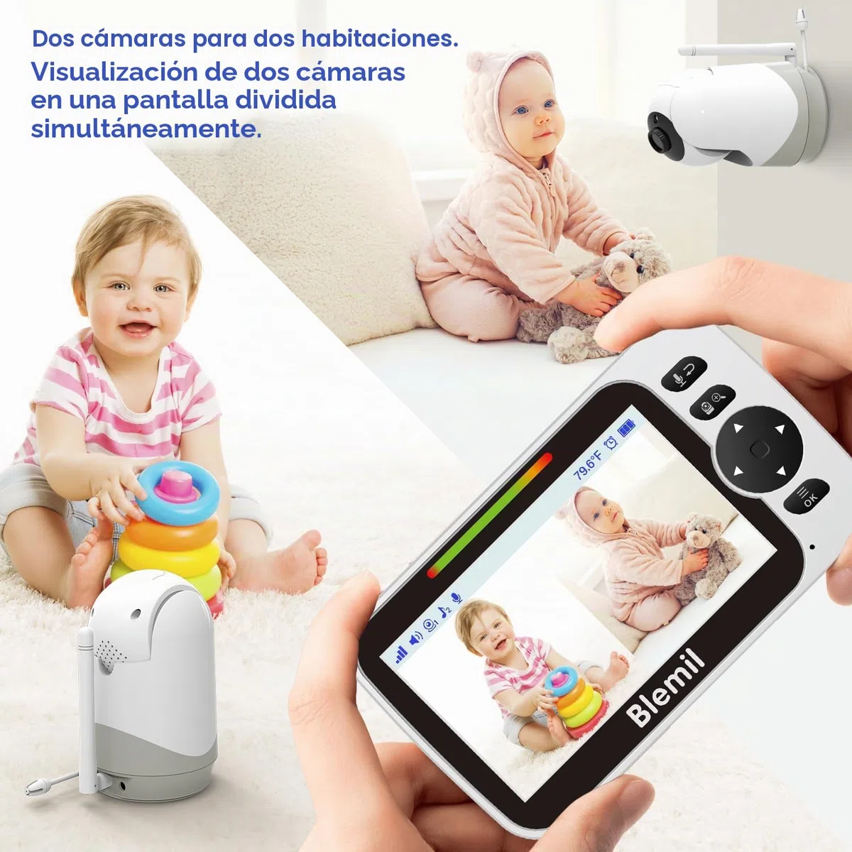 Blemil Monitor de bebé 5 Pulgadas, versión Mejorada con Pantalla Dividida – Vídeo Monitor de Gran tamaño con visión Nocturna | Cámara con Control Remoto de panorámica/inclinación/Zoom | Sin WiFi