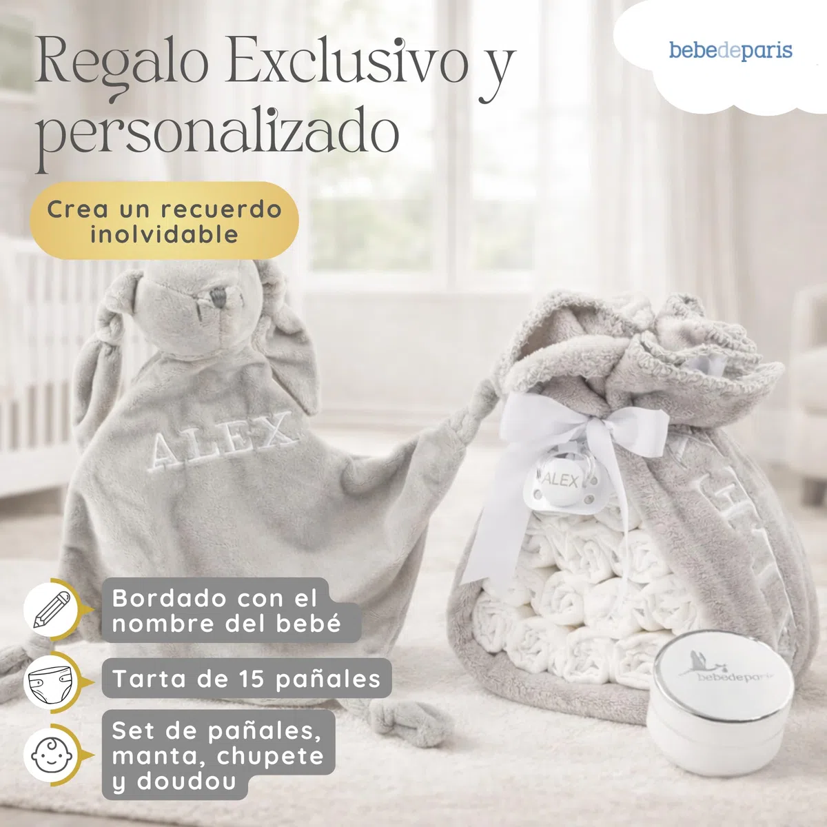 Tarta de Pañales con Doudou Conejito Personalizado | Manta Polar + Chupete Personalizado + 15 Pañales Moltex | Regalo Recién Nacido Baby Shower Nacimiento Niño Niña (Azul) | BebeDeParis