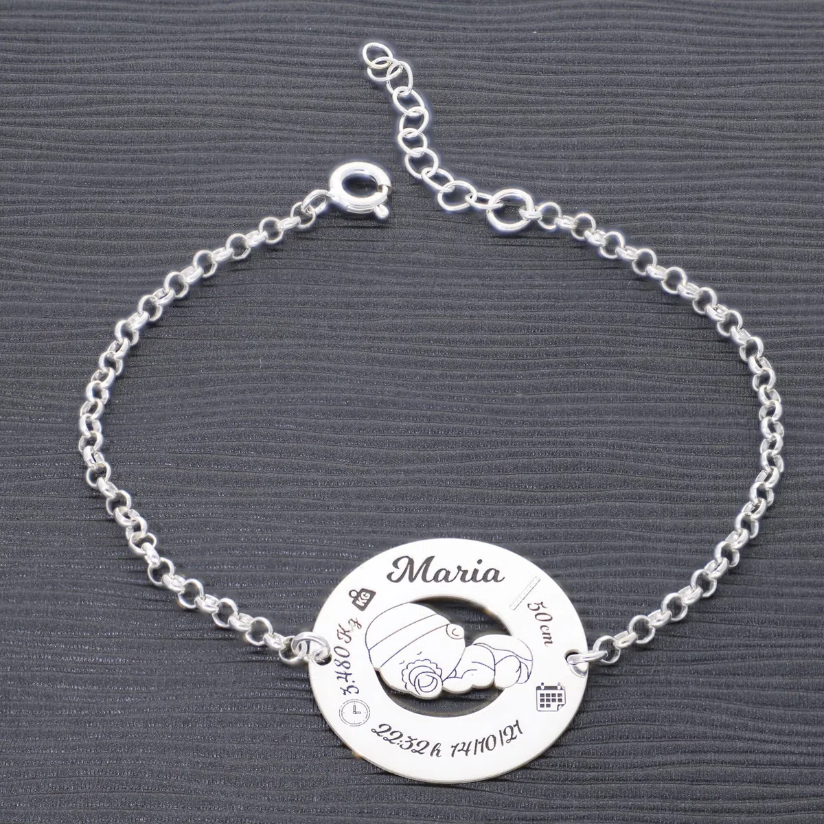 Pulsera de Nacimiento en Plata de Ley - Graba los datos de Nacimiento de tu Bebé - Ideal para la mejor mamá