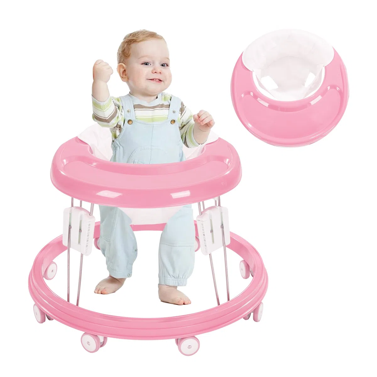 Andador de bebé, plegable, multifunción, antivuelco, 5 niveles de altura ajustable, andadores para bebés de 6 a 15 meses, apto para todos los terrenos (rosa)