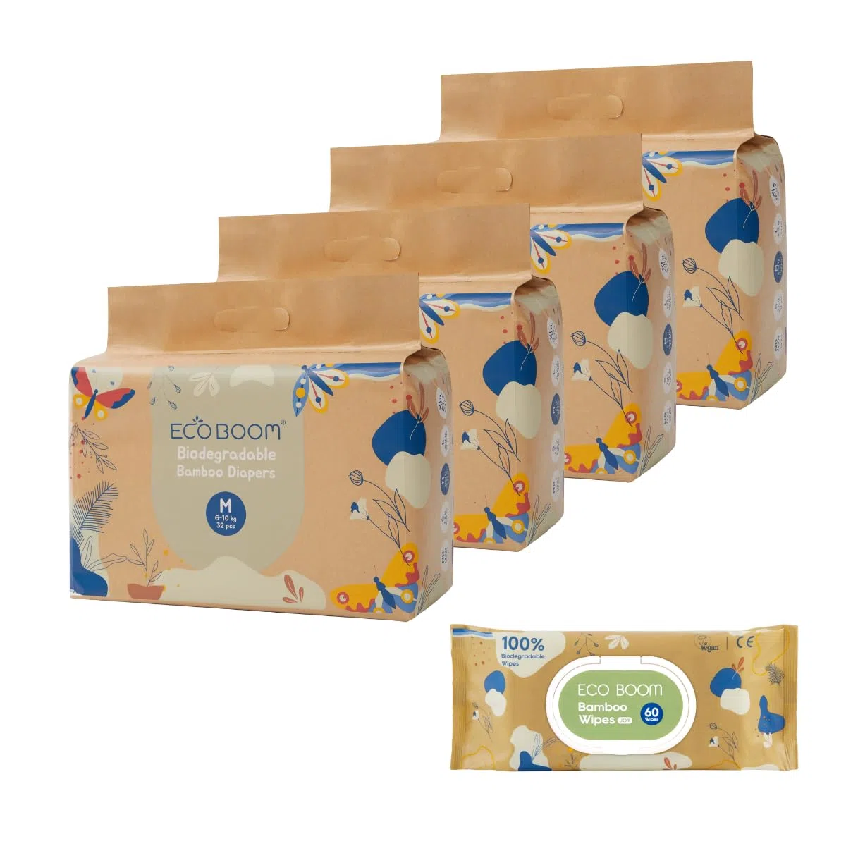 ECOBOOM JOY- Pañal Ecológico de BAMBÚ. 70% Biodegradable, Hipoalergénico (TALLA 3/M, 6-10 KG, PACK 4 BOLSAS - 128 pañales)